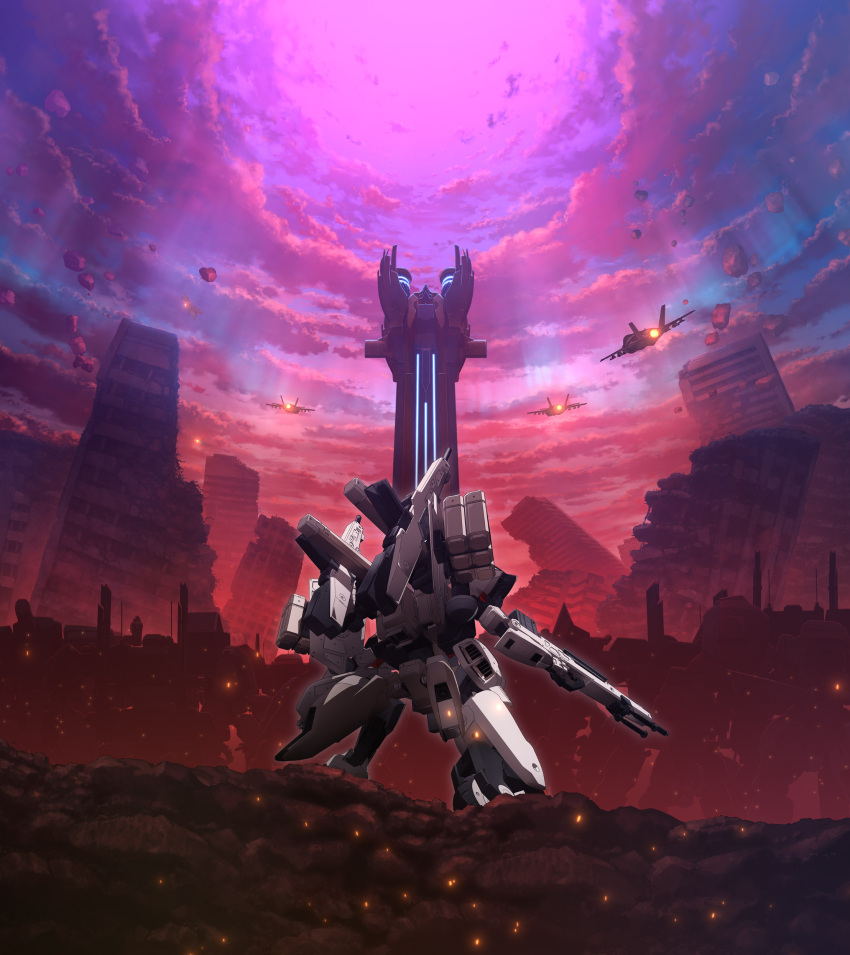 absurdres aircraft airplane bang_brave_bang_bravern building clouds embers fighter_jet gun highres jet key_visual mecha military_vehicle official_art promotional_art purple_sky rifle robot rubble ruins sky tower weapon