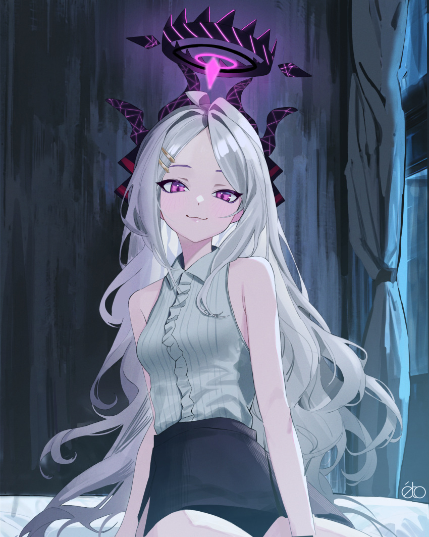 1girl :3 ahneato black_skirt blue_archive closed_mouth curtains demon_girl demon_horns hair_ornament hairclip halo highres hina_(blue_archive) horns long_hair looking_at_viewer multiple_horns revision shirt sitting skirt sleeveless sleeveless_shirt smile solo violet_eyes white_hair white_shirt window