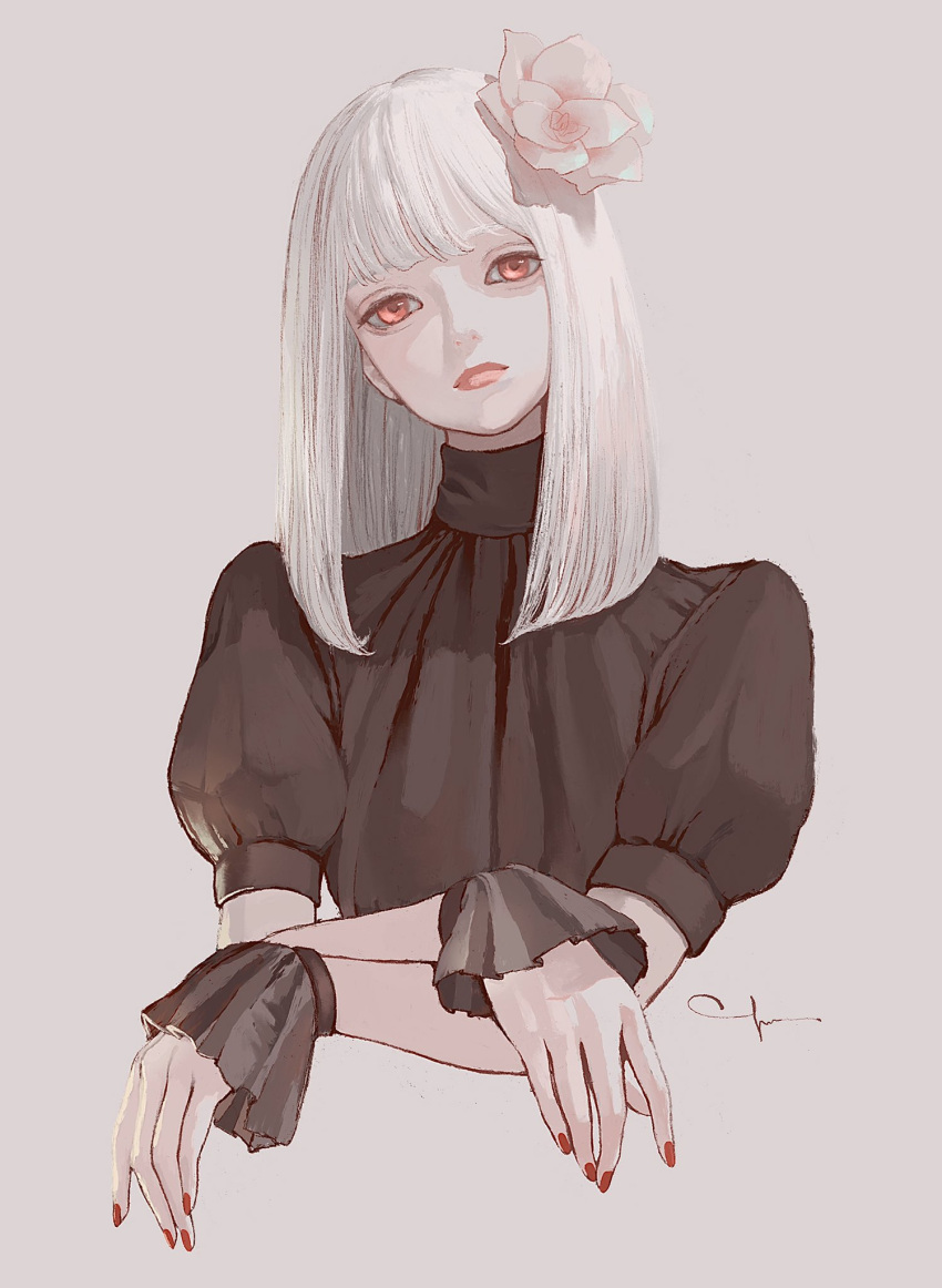 12yun30 1girl black_dress cropped_torso crossed_arms dress expressionless flower grey_background hair_flower hair_ornament head_tilt highres lips looking_at_viewer medium_hair nail_polish original red_eyes red_nails short_sleeves simple_background solo white_hair wrist_cuffs