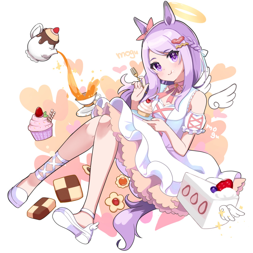 1girl akane_(akane112234) angel angel_wings animal_ears breasts cake collarbone commentary_request cup cupcake eating food food_in_mouth full_body hair_ornament halo highres horse_girl looking_at_viewer mejiro_mcqueen_(umamusume) paku_paku_desuwa purple_hair shoes small_breasts solo sweets tea teacup umamusume white_background wings