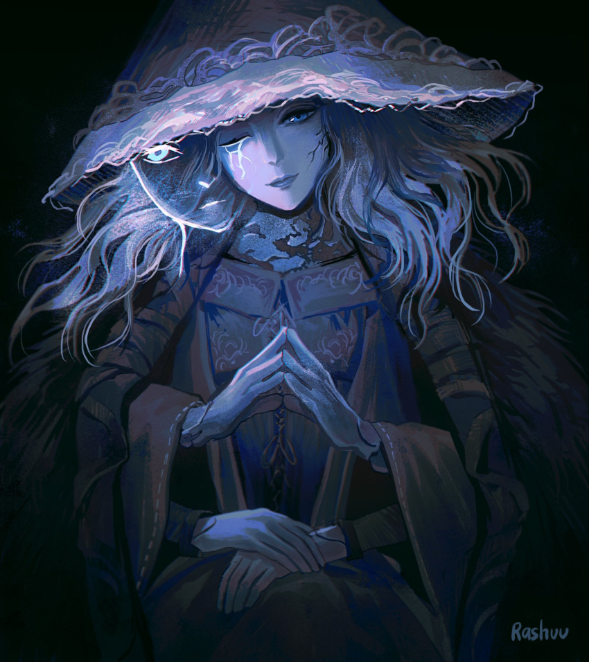 1girl artist_name blue_eyes blue_hair blue_skin breasts cape cloak closed_mouth colored_skin cracked_skin doll_joints dress elden_ring extra_arms extra_faces fur_cape fur_cloak hat head_tilt highres joints large_hat long_hair long_sleeves looking_at_viewer one_eye_closed own_hands_together ranni_the_witch rashuu sitting smile solo witch witch_hat