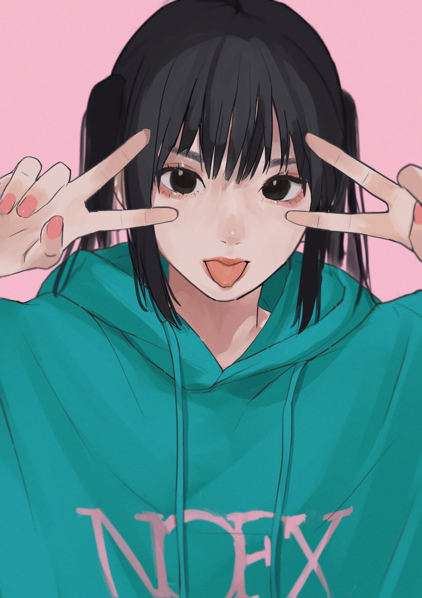 1girl absurdres aqua_hoodie black_eyes black_hair commentary_request double_v hair_between_eyes highres k-on! long_hair looking_at_viewer nakano_azusa necosuna7l pink_background sidelocks simple_background solo tongue tongue_out twintails upper_body v