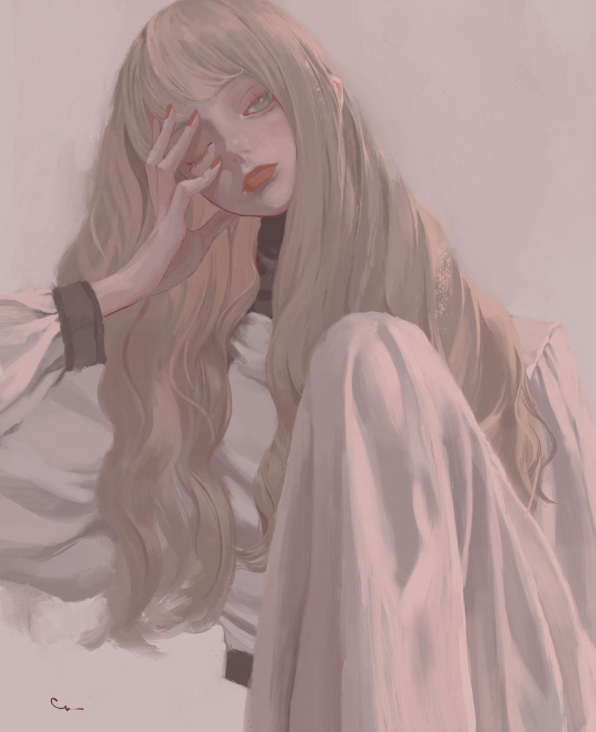 12yun30 1girl blonde_hair dress expressionless grey_background grey_eyes hand_on_own_face head_tilt highres knee_up lips long_dress long_hair long_sleeves looking_at_viewer one_eye_closed original red_nails simple_background solo white_dress