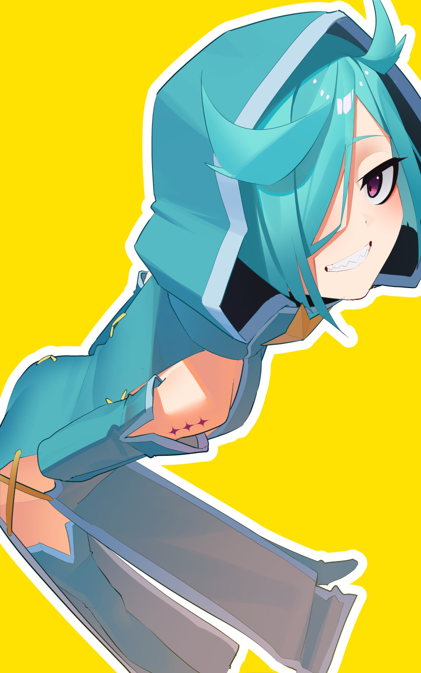 1girl absurdres anemo_nemo aqua_boots aqua_dress aqua_gloves aqua_hair bare_shoulders blush boots commentary dress elbow_gloves english_commentary gloves grin hair_over_one_eye hakhpu highres hood hood_up hooded_dress leaning_forward leberblume looking_at_viewer mahou_shoujo_ni_akogarete outline pelvic_curtain sharp_teeth shoulder_tattoo sideless_dress sideless_outfit simple_background smile solo tattoo teeth thigh_boots violet_eyes white_outline yellow_background