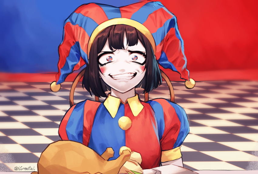 1girl black_hair blue_eyes blue_headwear chicken_(food) colored_skin crazy_smile food grin hat hat_bell highres jester jester_cap looking_at_viewer multicolored_clothes multicolored_headwear nifast_(greentail) pomni_(the_amazing_digital_circus) red_eyes red_headwear smile solo striped striped_headwear the_amazing_digital_circus two-tone_eyes vertical-striped_bodysuit vertical-striped_headwear vertical_stripes white_skin