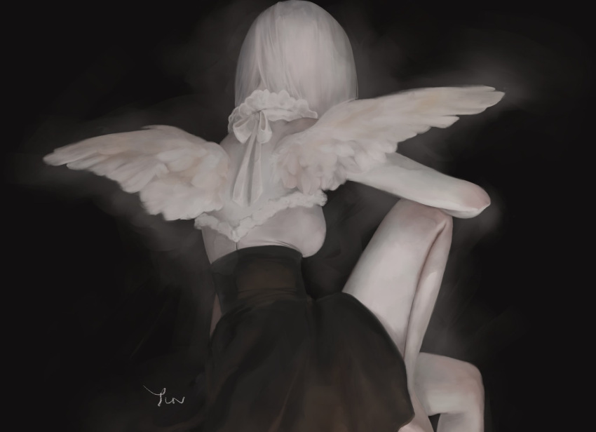12yun30 1girl angel_wings barefoot black_background black_skirt breasts facing_away feathered_wings frilled_shirt_collar frills high-waist_skirt highres knee_up original shirt short_hair simple_background sitting skirt small_breasts solo white_hair white_shirt white_wings wings