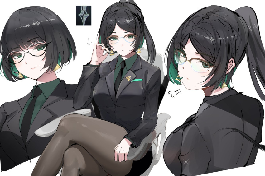1girl allmind_(armored_core_6) alternate_hairstyle armored_core armored_core_6 bespectacled black_pantyhose commentary crossed_legs earrings glasses green_eyes huffing jewelry kate_markson looking_at_viewer necktie office_lady ormille pantyhose ponytail short_hair smug suit