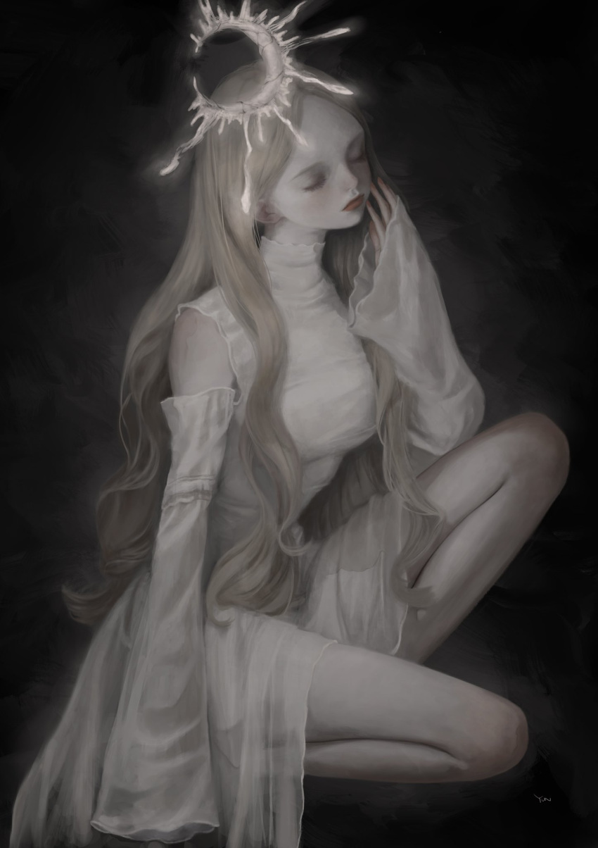 12yun30 1girl black_background blonde_hair closed_eyes detached_sleeves dress expressionless halo hands_on_own_cheek highres legs long_hair original red_lips simple_background sleeves_past_wrists solo squatting turtleneck_dress white_dress white_sleeves wide_sleeves