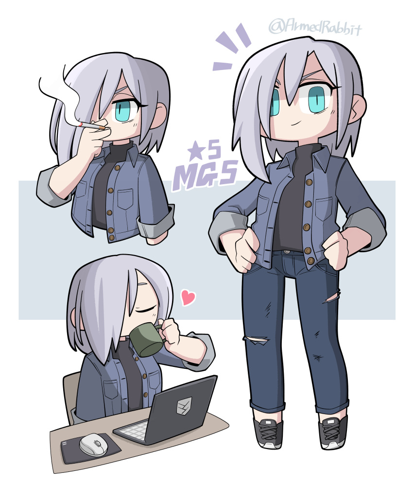 1girl absurdres armedrabbit artist_name black_footwear black_shirt blue_jacket blue_pants breasts character_name cigarette closed_eyes closed_mouth commission computer cup denim denim_jacket drinking full_body girls_frontline grey_background grey_hair griffin_&amp;_kryuger hair_between_eyes hair_over_one_eye hand_up hands_on_own_hips heart highres holding holding_cup jacket laptop looking_at_viewer medium_breasts medium_hair mg5_(girls'_frontline) mouse non-web_source open_clothes open_jacket pants second-party_source shirt shirt_tucked_in shoes simple_background sleeves_rolled_up smile smoking torn_clothes turtleneck two-tone_background upper_body white_background