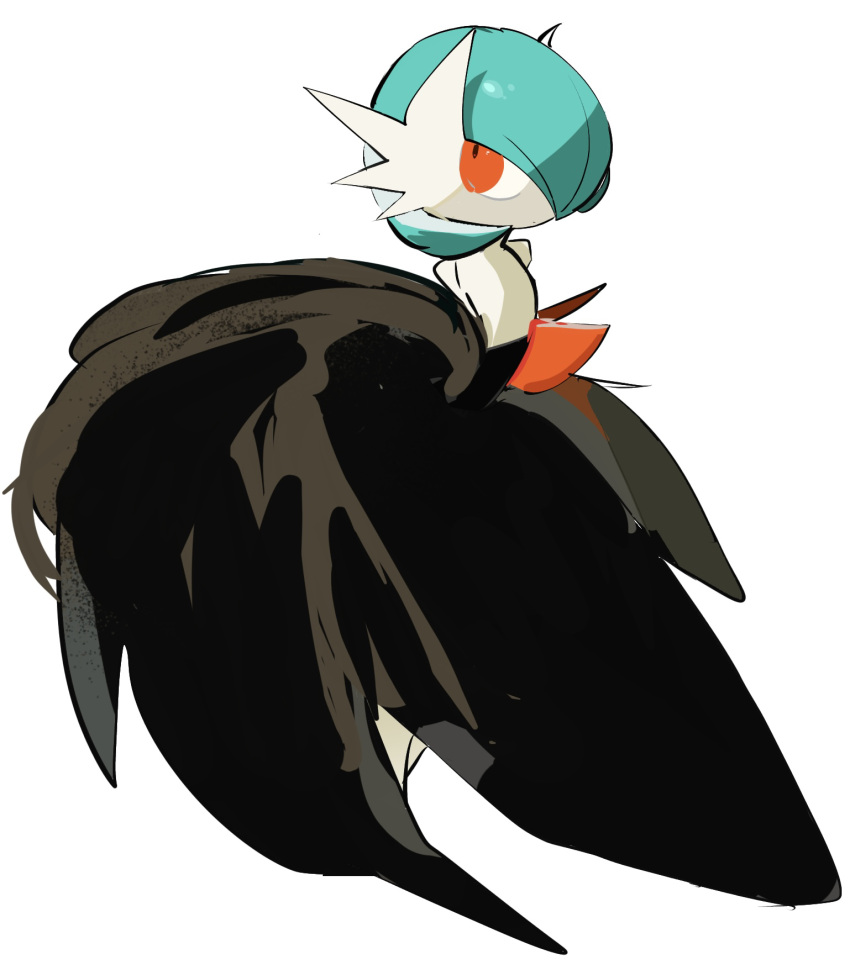 1girl arms_behind_back bare_shoulders black_dress blue_hair bob_cut closed_mouth colored_skin commentary dot_mouth dress english_commentary flat_chest full_body gardevoir hair_over_one_eye highres long_dress looking_back looking_up mega_gardevoir mega_pokemon one_eye_covered orange_eyes pokemon pokemon_(creature) short_hair simple_background solo standing strapless strapless_dress white_background white_skin zen_(koko)