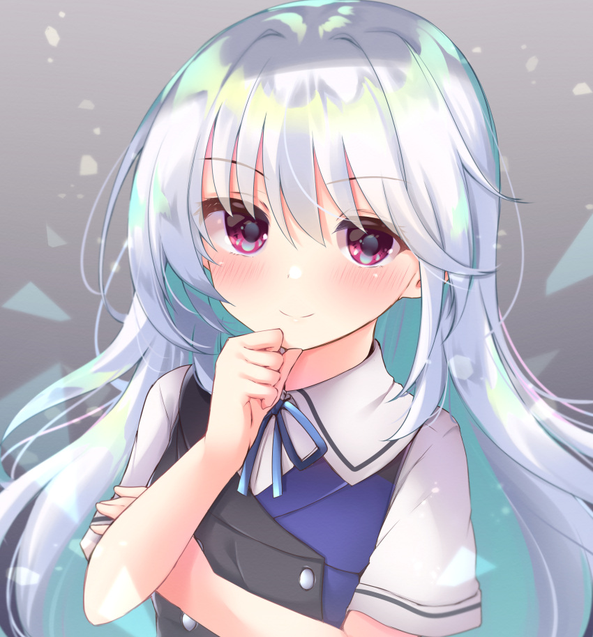 1girl 2021 absurdres blue_hair blush clenched_hand closed_mouth dated_commentary eyelashes eyes_visible_through_hair floating_hair gattengou grey_background grisaia_(series) grisaia_no_kajitsu hair_between_eyes hand_on_own_chin highres kazami_kazuki light_blue_hair long_hair looking_at_viewer multicolored_shirt school_uniform short_sleeves simple_background smile solo upper_body very_long_hair violet_eyes