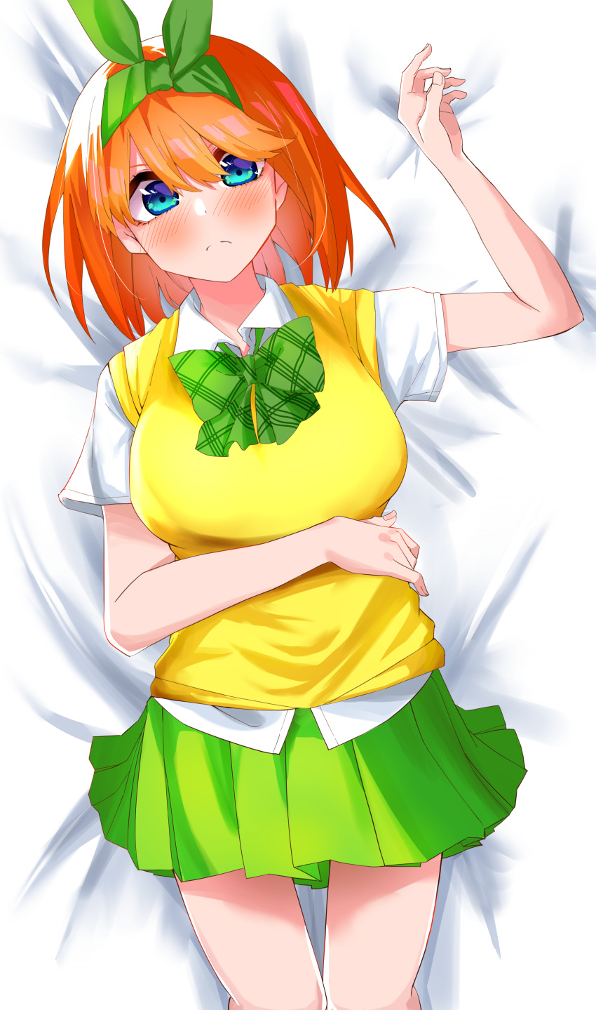 &gt;:( 1girl absurdres airo arm_under_breasts bed_sheet blue_eyes blush bow breasts closed_mouth commentary_request cowboy_shot dress_shirt frown go-toubun_no_hanayome green_bow green_ribbon green_skirt hair_between_eyes hair_ribbon hand_up highres large_breasts looking_at_viewer lying medium_hair miniskirt nakano_yotsuba on_back orange_hair plaid plaid_bow pleated_skirt ribbon school_uniform shirt short_sleeves skirt solo sweater_vest v-shaped_eyebrows white_shirt yellow_sweater_vest