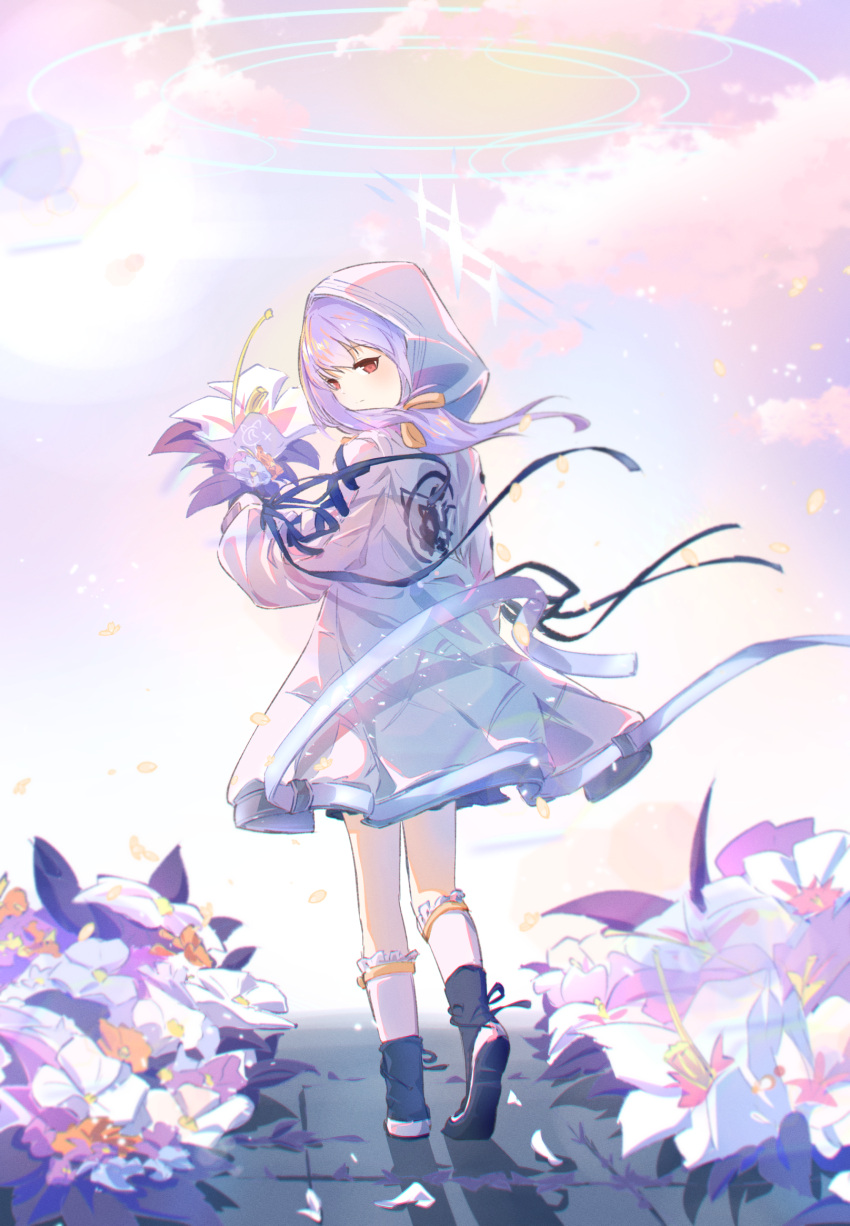 1girl atsuko_(blue_archive) blue_archive bouquet bow flower hair_bow halo highres holding holding_bouquet hood hood_up light_smile looking_at_viewer looking_back purple_hair red_eyes rizuaki solo walking_away yellow_bow