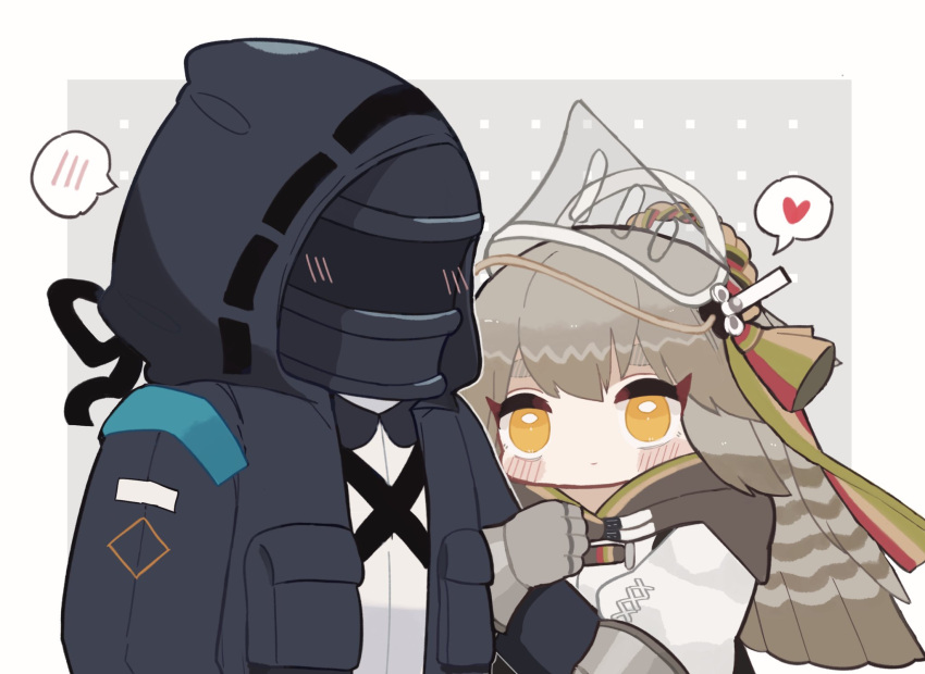 1girl 1other arknights arm_hug black_jacket brown_hair commentary_request doctor_(arknights) fartooth_(arknights) gauntlets grey_background heart highres hood hood_up hooded_jacket jacket long_hair long_sleeves open_clothes open_jacket orange_eyes puffy_long_sleeves puffy_sleeves see-through shirt someyaya spoken_blush spoken_heart two-tone_background upper_body visor_(armor) white_background white_jacket white_shirt