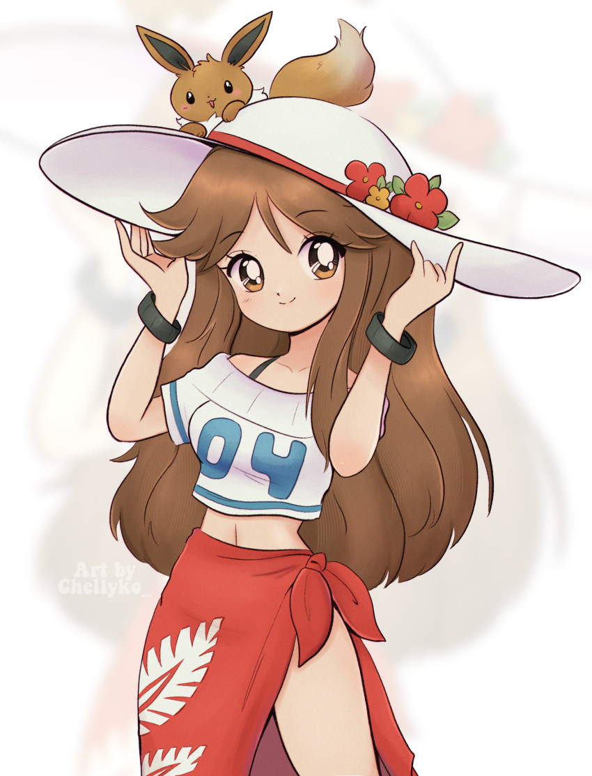 1990s_(style) absurdres adjusting_clothes adjusting_headwear animal_on_head artist_name black_wristband breasts brown_eyes brown_hair chelly_(chellyko) closed_mouth collarbone cowboy_shot dot_nose eevee hair_between_eyes hair_flaps hat highres large_hat leaf_(pokemon) light_blush long_bangs long_hair long_skirt looking_at_viewer medium_breasts number_print off_shoulder on_head parted_bangs pokemon pokemon_(creature) pokemon_(game) pokemon_sm red_skirt retro_artstyle shirt short_sleeves sidelocks skirt smile sun_hat thighs very_long_hair white_background white_headwear white_shirt wristband zoom_layer