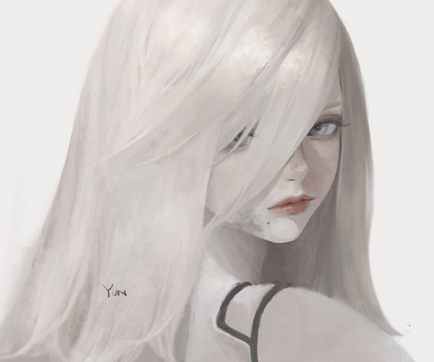 12yun30 1girl a2_(nier:automata) android close-up expressionless grey_eyes highres joints lips long_hair looking_at_viewer mole mole_under_mouth nier:automata nier_(series) red_lips robot_joints simple_background solo white_background white_hair