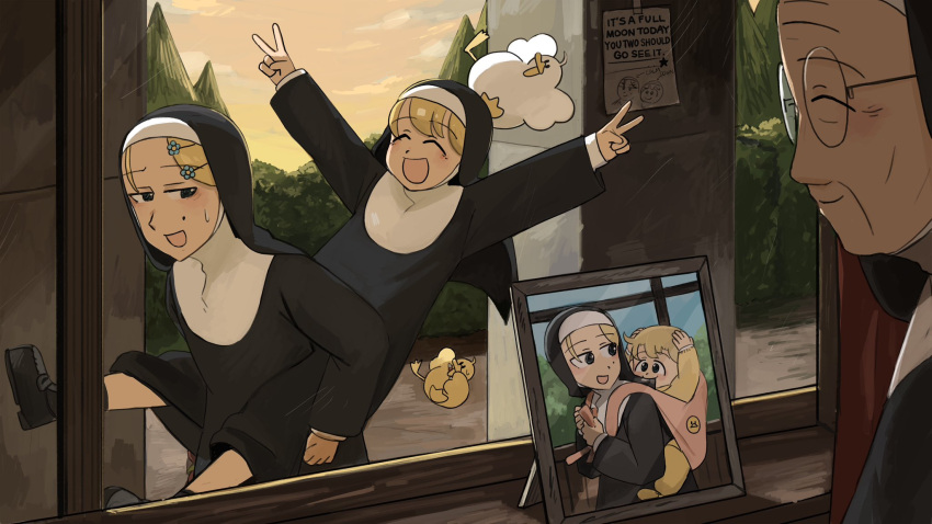 3girls :d bird black_footwear blonde_hair blue_eyes carrying catholic chicken closed_eyes clumsy_nun_(diva) diva_(hyxpk) double_v duck duckling english_commentary glasses habit highres little_nuns_(diva) mole mole_on_cheek mother_superior_(diva) multiple_girls nun piggyback portrait_(object) poster_(object) round_eyewear smile strict_nun_(diva) traditional_nun v