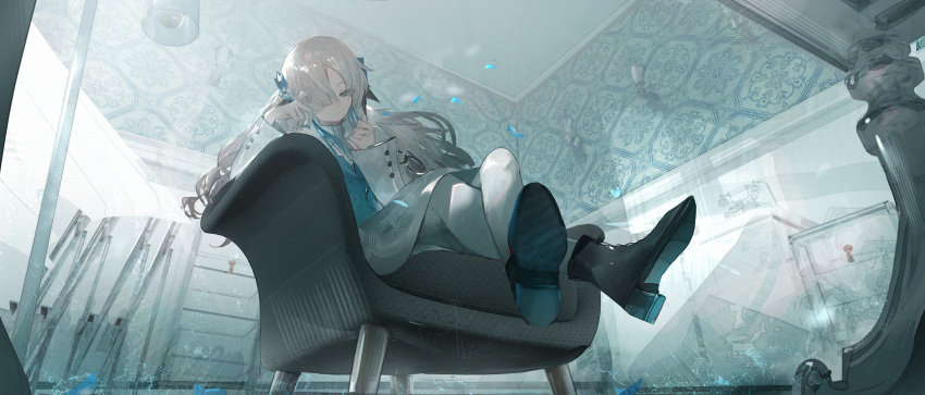 1girl antique_phone armchair black_footwear blue_dress blue_eyes blue_flower cabinet chair commentary_request crossed_legs dot_mouth dress flower full_body grey_hair hair_flower hair_ornament hair_over_one_eye highres indoors isekai_joucho kamitsubaki_studio lamp long_hair long_sleeves looking_at_hand misumigumi on_chair pantyhose shelf sitting solo table two-tone_dress white_dress white_pantyhose