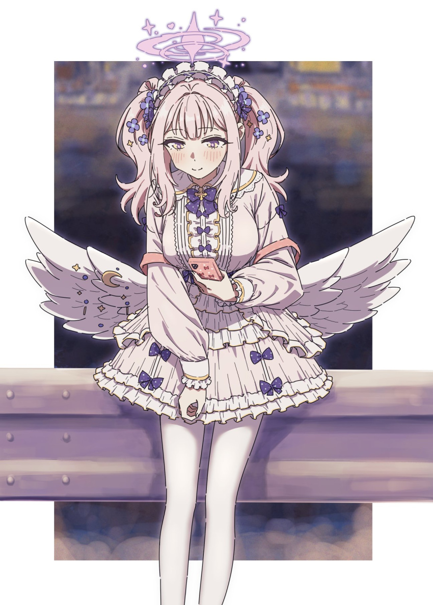 1girl alternate_costume blue_archive blush breasts brilliantko cellphone dress feathered_wings flower frilled_dress frills hair_flower hair_ornament hairband halo highres holding holding_phone lolita_fashion lolita_hairband long_hair long_sleeves mika_(blue_archive) official_alternate_costume panties pantyhose phone purple_flower sidelocks smartphone smile solo twintails underwear white_panties white_wings wing_ornament wings