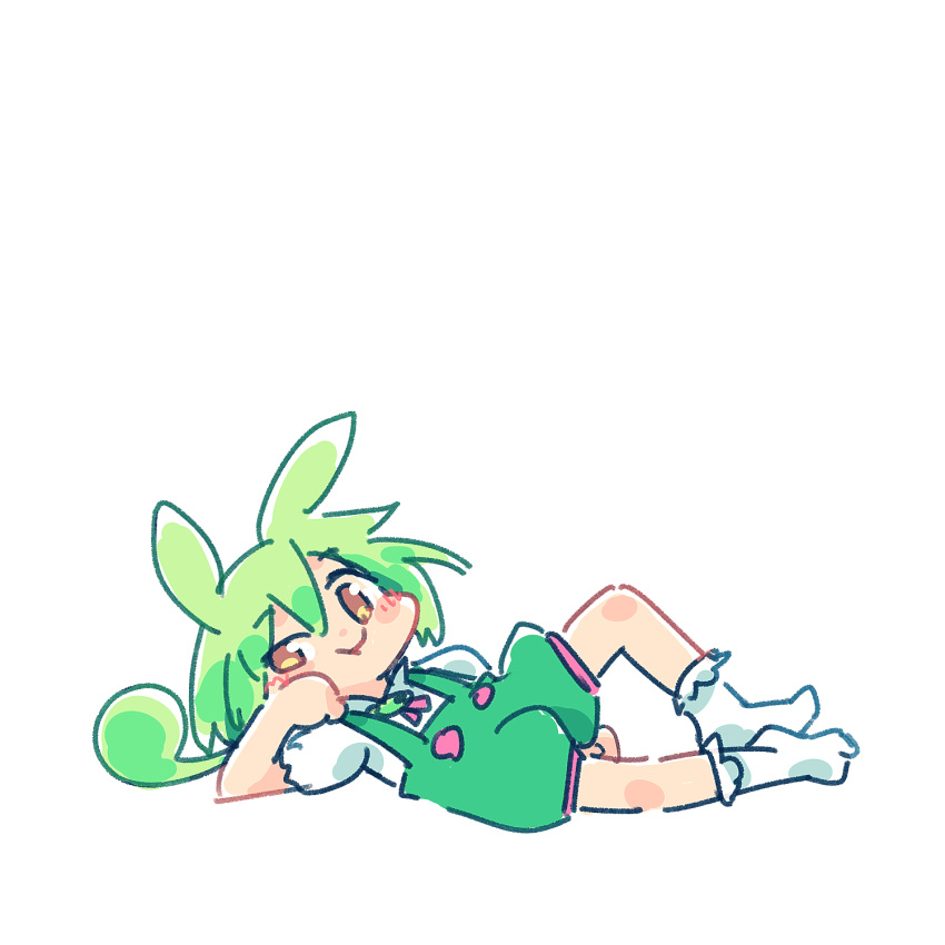 1girl :t arm_support ayakashi_(monkeypanch) blush_stickers commentary frilled_socks frills green_hair green_shorts hair_between_eyes half-closed_eye head_rest highres looking_at_viewer low_ponytail lying on_side puffy_short_sleeves puffy_sleeves shirt short_sleeves shorts simple_background smile smug socks solo suspender_shorts suspenders voicevox white_background white_shirt white_socks zundamon