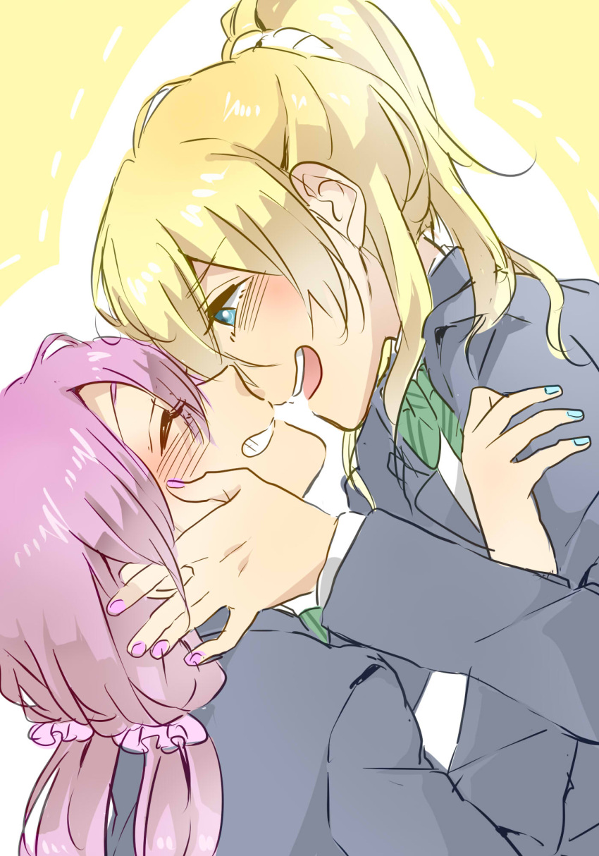 2girls ayase_eli blazer blonde_hair blue_eyes blue_jacket blue_nails blush bow bowtie clenched_teeth closed_eyes collared_shirt commentary_request face-to-face green_bow green_bowtie hair_ornament hair_scrunchie hand_on_another's_face highres imminent_kiss jacket kashikaze long_hair long_sleeves looking_at_another love_live! love_live!_school_idol_project low_twintails medium_hair multiple_girls nail_polish open_mouth otonokizaka_school_uniform outline purple_hair purple_nails purple_scrunchie school_uniform scrunchie shirt striped striped_bow striped_bowtie teeth toujou_nozomi twintails upper_body upper_teeth_only white_outline white_scrunchie white_shirt yuri