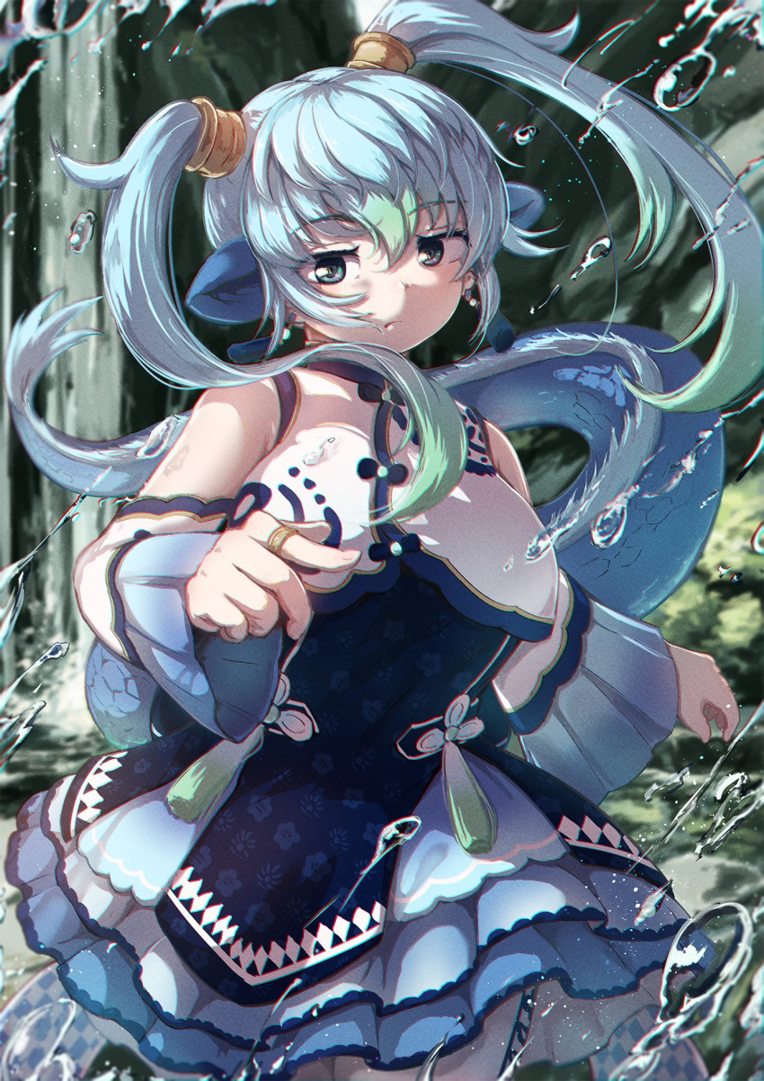 1girl bare_shoulders blue_eyes blue_hair china_dress chinese_clothes closed_mouth dragon_girl dragon_tail dress elbow_gloves gloves hair_ornament highres jewelry kemono_friends long_hair looking_at_viewer nature okyao outdoors ring seiryuu_(kemono_friends) solo tail twintails water