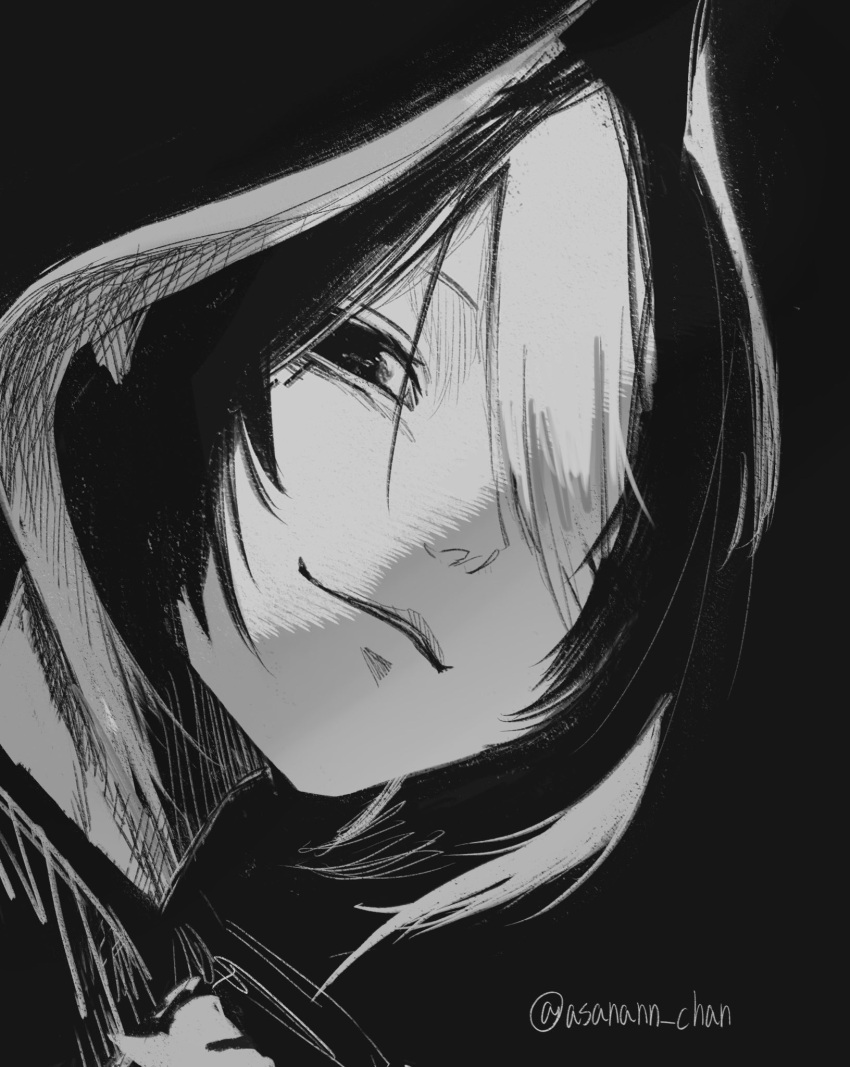 1girl asanann_chan black_background greyscale hair_over_one_eye highres made_in_abyss monochrome multicolored_hair ozen portrait simple_background smile solo twitter_username