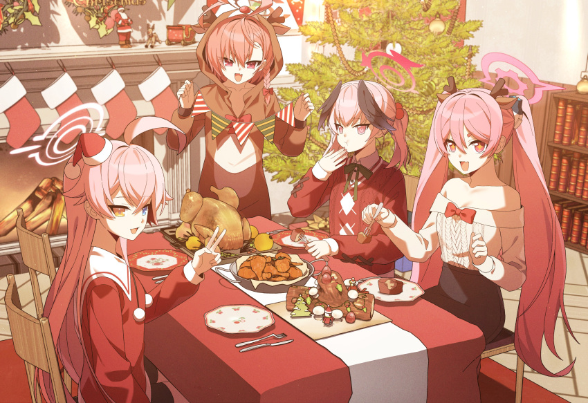 4girls absurdres ahoge animal_costume blue_archive blue_eyes blush braid cake christmas closed_mouth collarbone fang food fork hair_between_eyes halo hat highres holding holding_fork hoshino_(blue_archive) huge_ahoge hwaen koharu_(blue_archive) koyuki_(blue_archive) long_hair long_sleeves multiple_girls neru_(blue_archive) off-shoulder_sweater off_shoulder open_mouth pink_eyes pink_hair pink_halo pom_pom_(clothes) red_eyes red_headwear red_shirt redhead reindeer_costume santa_hat shirt short_hair single_braid skin_fang smile sweater turkey_(food) twintails white_sweater yellow_eyes