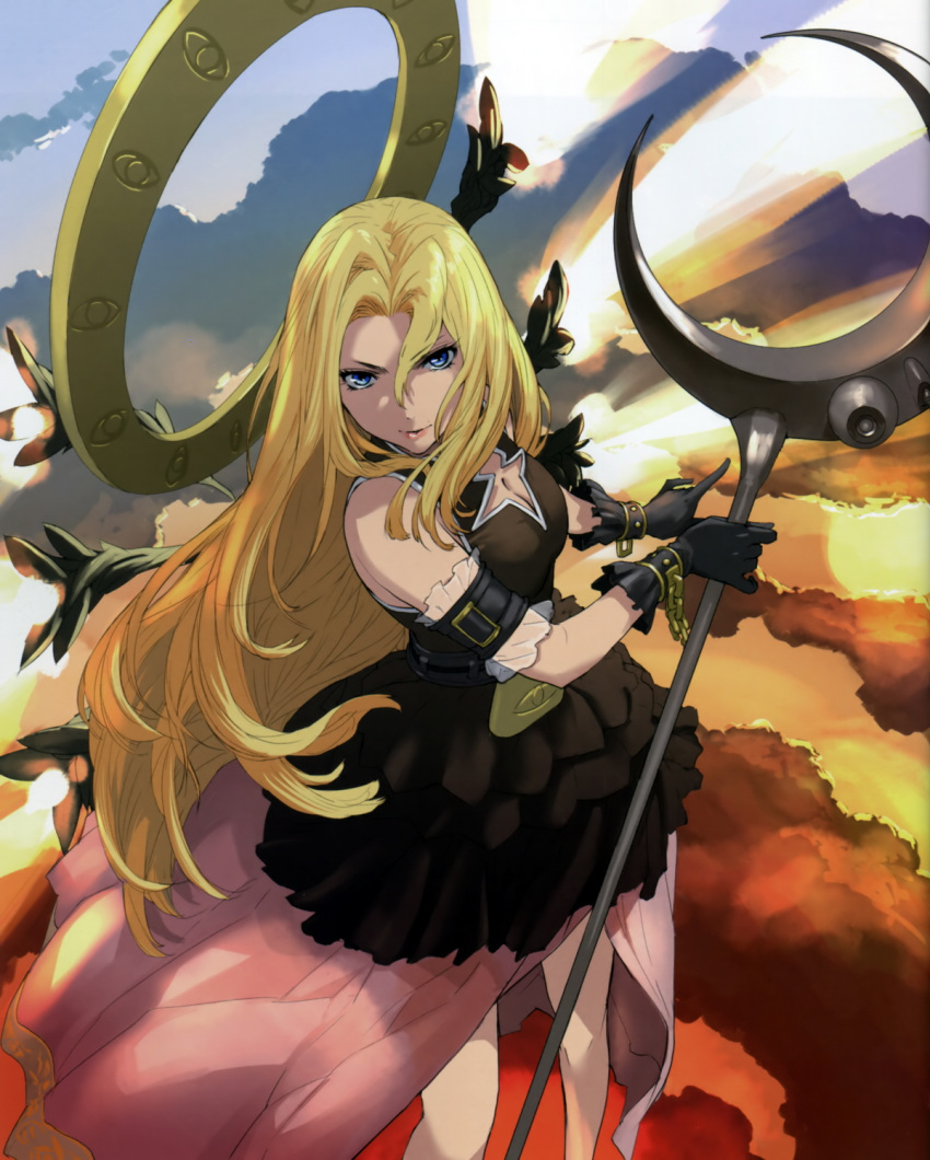 1girl bare_shoulders black_dress blonde_hair blue_eyes cleavage_cutout clothing_cutout dress gloves halo highres holding holding_staff iseria_queen long_hair looking_at_viewer skirt smile solo staff star_ocean wings