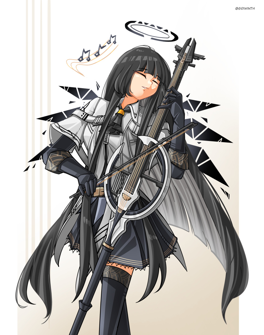 1girl absurdres arknights artist_name arturia_(arknights) ascot black_ascot black_dress black_gloves black_hair black_halo black_thighhighs black_wings blunt_bangs bow_(music) broken_halo closed_eyes collared_jacket cowboy_shot dark_halo detached_wings dress elbow_gloves energy_wings english_commentary gloves griwinth halo highres hime_cut holding holding_bow_(music) holding_violin instrument jacket light_smile long_hair mole mole_under_eye music musical_note parted_lips playing playing_instrument sidelocks simple_background solo spoken_musical_note standing thigh-highs twitter_username very_long_hair violin white_background white_jacket wings