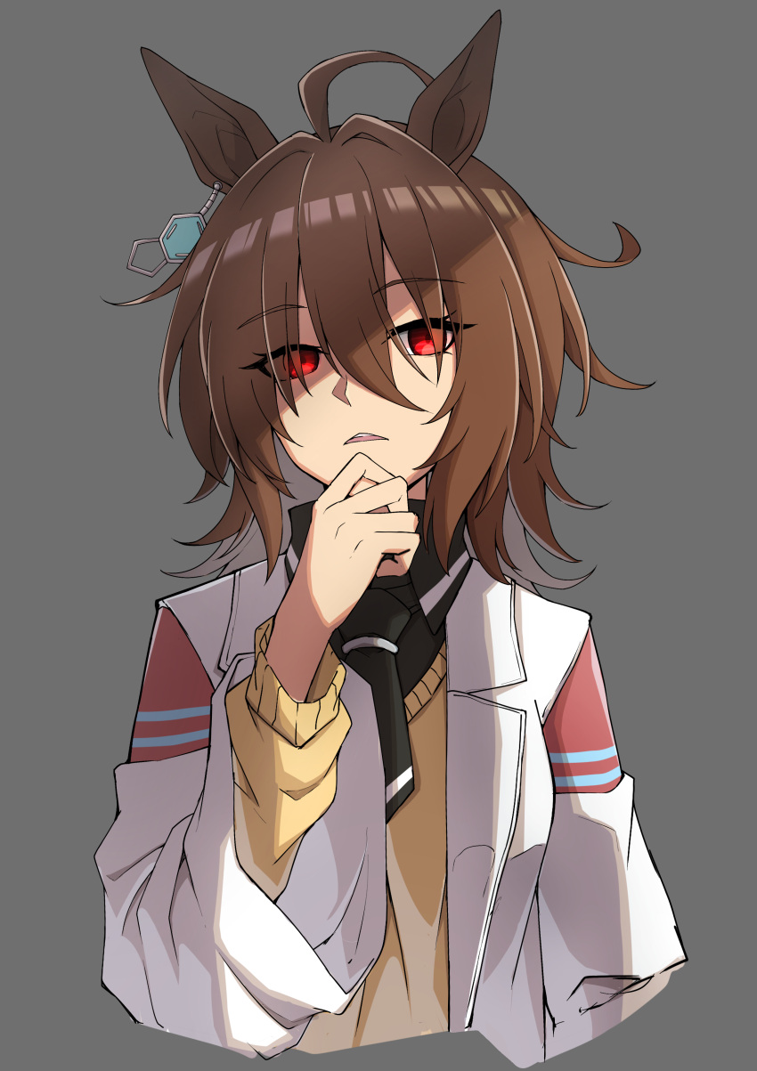 1girl absurdres agnes_tachyon_(umamusume) ahoge animal_ears black_necktie brown_hair chemical_structure coat collared_shirt commentary_request earrings finger_to_own_chin grey_background hair_between_eyes highres horse_ears horse_girl jewelry lab_coat long_sleeves messy_hair necktie open_clothes open_coat parted_lips partial_commentary red_eyes ruisuke shirt short_hair simple_background single_earring solo sweater_vest umamusume upper_body white_coat yellow_sweater_vest