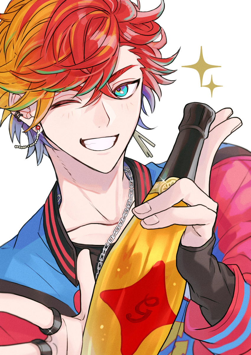 1boy absurdres aqua_eyes aqua_hair asymmetrical_bangs black_shirt bottle chain_necklace champagne_bottle crossed_bangs earrings grin hair_between_eyes highres hizaki_gamma holding holding_bottle holostars jacket jewelry junjam letterman_jacket light_blush looking_at_viewer male_focus mismatched_earrings multicolored_hair multiple_rings necklace official_alternate_costume one_eye_closed orange_hair purple_hair red_jacket redhead ring shirt short_hair simple_background sleeves_past_wrists smile solo sparkle streaked_hair upper_body virtual_youtuber white_background