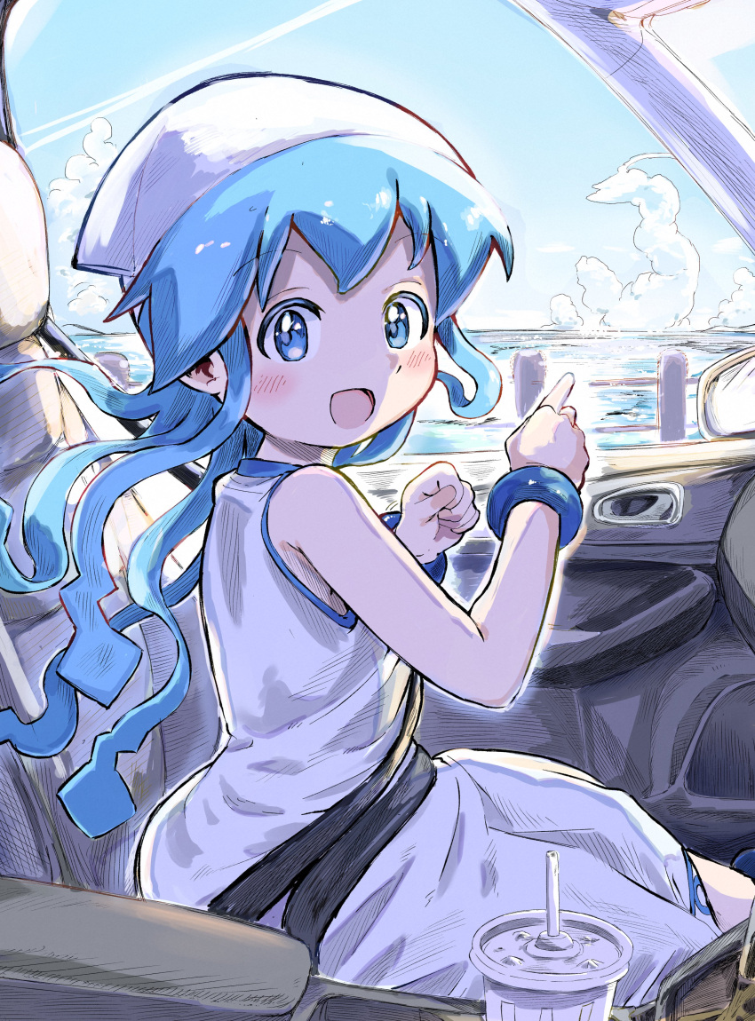1girl absurdres blue_eyes blue_hair blue_sky bracelet car_interior clouds commentary_request commission cup disposable_cup dress head_scarf highres ikamusume jewelry long_dress long_hair ocean open_mouth pointing pov reo_(salmomomon) shinryaku!_ikamusume skeb_commission sky smile solo tentacle_hair wcdonald's white_dress