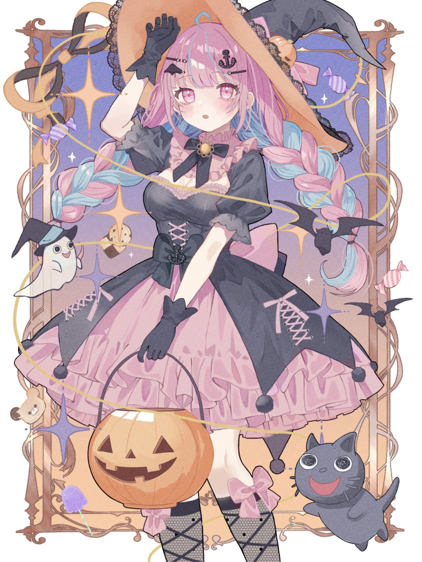 1girl black_gloves blue_hair bow braid breasts cat dress food ghost gloves hair_ornament halloween hat highres hololive long_hair looking_at_viewer minato_aqua multicolored_hair pink_hair puffy_short_sleeves puffy_sleeves short_sleeves twin_braids twintails virtual_youtuber witch_hat yuzuriha_(nx_e78)