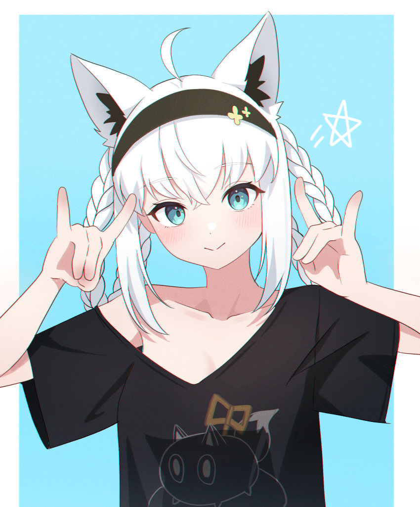 1girl absurdres ahoge animal_ear_fluff animal_ears aqua_eyes black_hairband black_shirt blue_background blue_eyes blush border braid closed_mouth collarbone commentary_request double_fox_shadow_puppet fox_ears fox_girl fox_shadow_puppet gomrang hair_between_eyes hairband highres hololive light_blue_background looking_at_viewer loose_clothes loose_shirt multiple_braids off_shoulder official_alternate_costume pentagram quad_braids shirakami_fubuki shirakami_fubuki_(7th_costume) shirt short_sleeves side_braid sidelocks simple_background smile solo t-shirt upper_body virtual_youtuber white_border white_hair wide_sleeves
