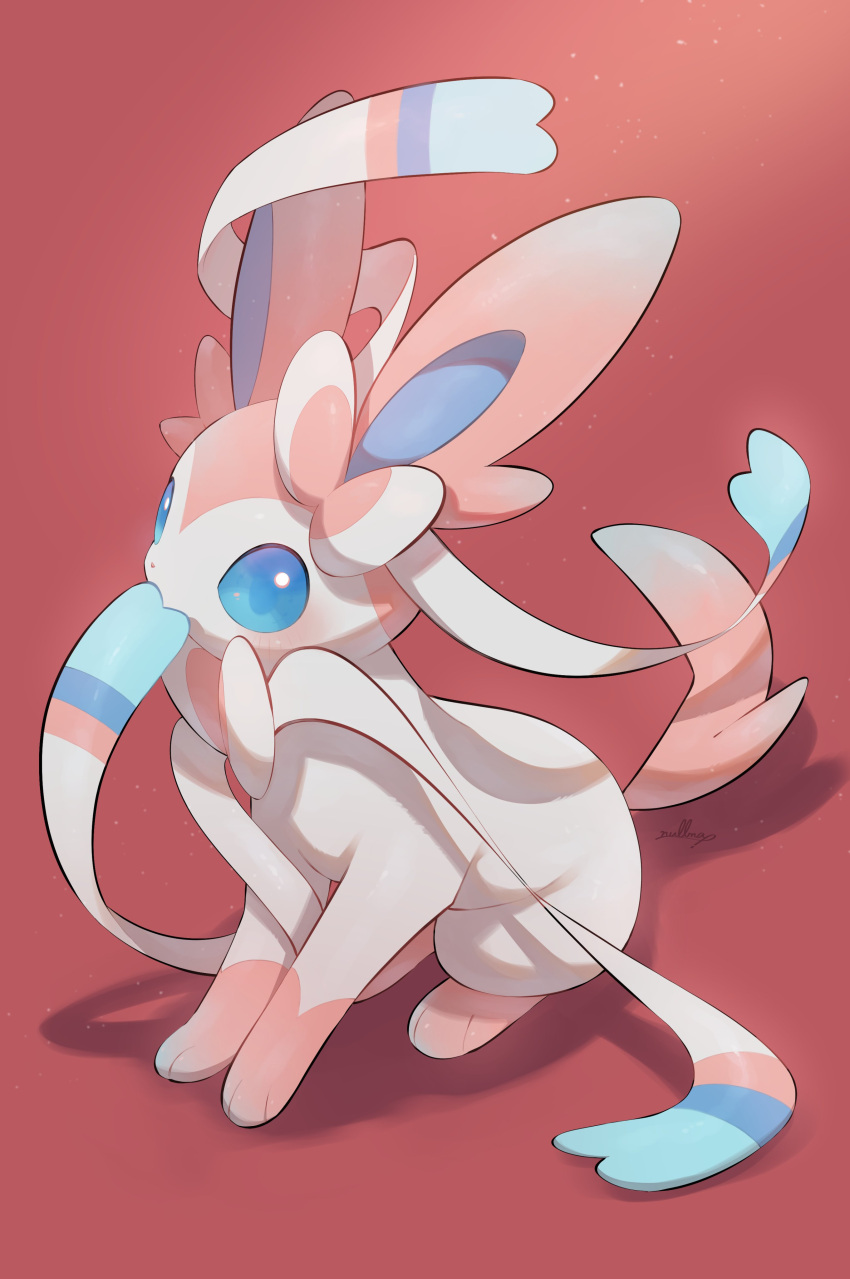 absurdres animal_focus blue_eyes blue_sclera colored_sclera full_body highres no_humans nullma pokemon pokemon_(creature) red_background signature simple_background solo sylveon