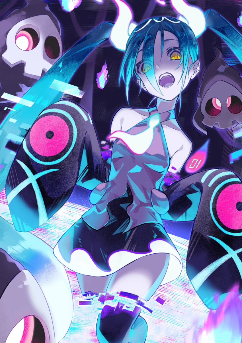 1girl aqua_hair bare_shoulders black_thighhighs detached_sleeves duskull ghost ghost_miku_(project_voltage) glitch grey_shirt hair_over_one_eye hatsune_miku highres long_hair necktie open_mouth pale_skin pokemon pokemon_(creature) project_voltage see-through see-through_skirt shirt skirt sleeves_past_fingers sleeves_past_wrists thigh-highs twintails very_long_hair vocaloid will-o'-the-wisp_(mythology) yellow_eyes yohki