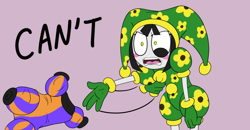 1girl absurdres angry annoyed black_hair blunt_bangs blush_stickers bodysuit clenched_teeth clothes_grab constricted_pupils desperation eye_twitch floral_print flower frown gloves green_bodysuit green_eyes green_gloves hat hat_bell highres hm_artist jester jester_cap motion_lines open_mouth pom_pom_(clothes) pomni_(the_amazing_digital_circus) puffy_short_sleeves puffy_sleeves short_sleeves solo teeth the_amazing_digital_circus two-tone_eyes undressing unworn_clothes yellow_eyes yellow_flower