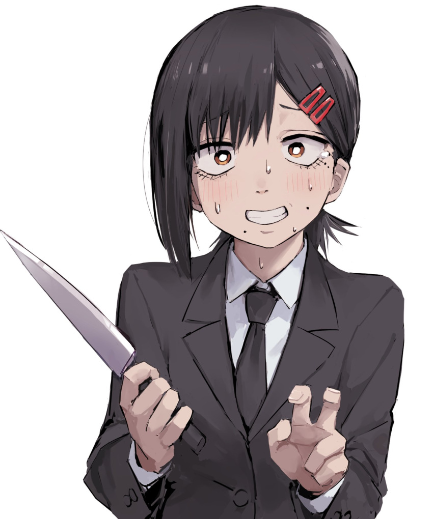 1girl black_hair black_jacket black_necktie chainsaw_man clenched_teeth collared_shirt hair_ornament hairclip higashiyama_kobeni highres holding holding_knife jacket knife looking_at_viewer low_ponytail mole mole_under_eye mole_under_mouth multiple_moles necktie ponytail shirt simple_background solo sweat tears teeth upper_body v weapon white_background white_shirt yachima_tana