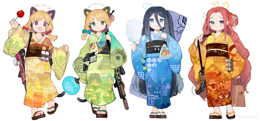 4girls ?_block absurdres alternate_costume animal_ear_headphones animal_ears aris_(blue_archive) bag bagged_fish battle_rifle belt_pouch black_hair blonde_hair blue_archive blue_bow blue_eyes bow candy_apple cat_ear_headphones character_request clip_(weapon) closed_mouth coin commentary copyright_request cotton_candy doom_(series) fake_animal_ears fish flying_sweatdrops food forehead frown full_body game_development_department_(blue_archive) geta goldfish green_eyes grey_eyes gun h&amp;k_g3 hair_between_eyes hair_bow hair_bun halo hand_fan headphones highres holding holding_bag holding_fan holding_food imp_(doom) japanese_clothes kimono long_bangs long_hair looking_at_viewer m320 medium_hair menthako midori_(blue_archive) momoi_(blue_archive) multiple_girls new_super_mario_bros._u_deluxe no_socks obi obijime open_mouth paper_fan pouch print_kimono red_bow red_eyes redhead rifle sash short_hair simple_background single_hair_bun single_side_bun standing straight-on super_mario_3d_land super_mario_3d_world super_mario_bros. super_mario_odyssey super_star_(mario) the_legend_of_zelda the_legend_of_zelda:_breath_of_the_wild the_legend_of_zelda:_tears_of_the_kingdom uchiwa undertale v-shaped_eyebrows very_long_hair warp_pipe weapon weibo_logo weibo_username white_background yukata yuzu_(blue_archive) |_|