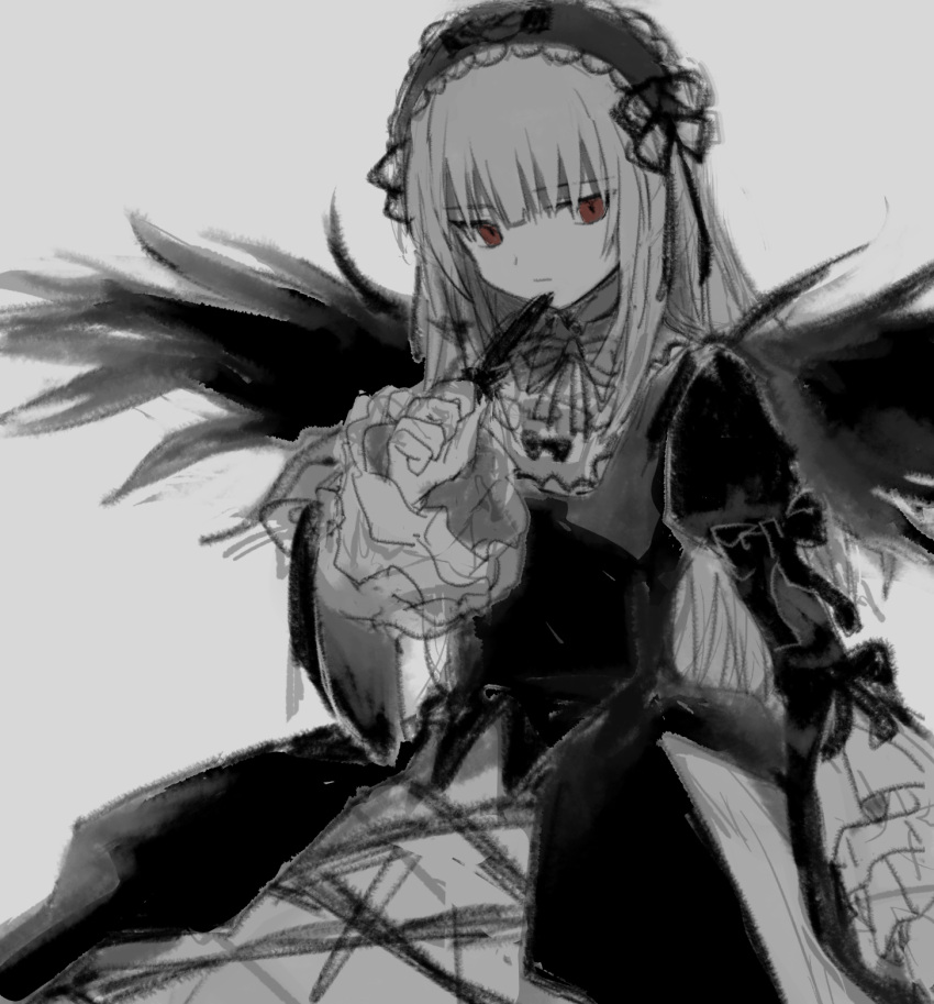 1girl :| closed_mouth denri dress feathered_wings feathers gothic_lolita hand_up highres holding holding_feather juliet_sleeves lolita_fashion long_hair long_sleeves neck_ribbon puffy_sleeves red_eyes ribbon rozen_maiden sleeve_bow solo suigintou wings