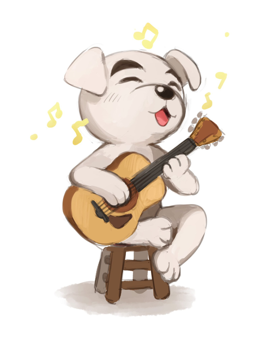 1boy :d ^_^ acoustic_guitar animal_crossing beamed_eighth_notes closed_eyes commentary dog_boy eighth_note english_commentary full_body furry furry_male guitar highres holding holding_instrument instrument k.k._slider_(animal_crossing) male_focus music musical_note on_stool open_mouth playing_instrument simple_background singing sitting smile solo stool syertse white_background