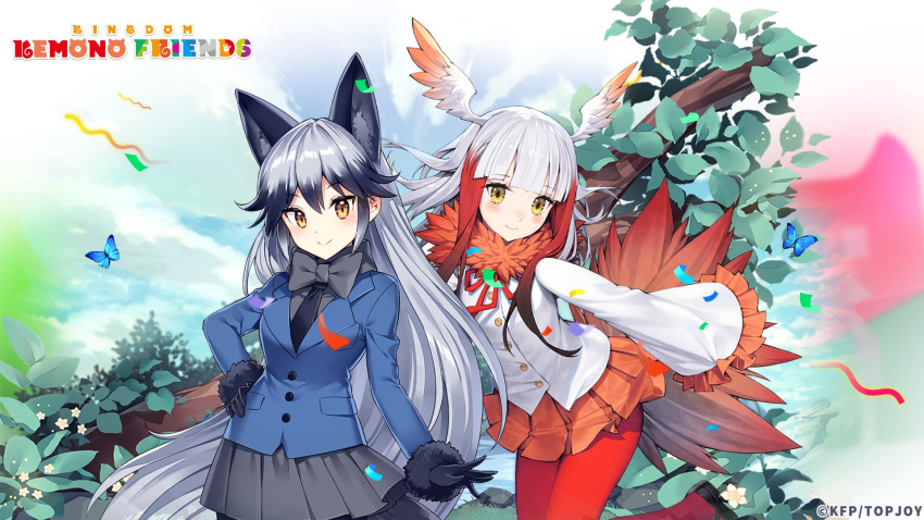 2girls animal_ears bird_girl bird_tail bird_wings blazer bow bowtie bug butterfly copyright_name extra_ears feathered_wings fox_ears fox_girl gloves grey_hair head_wings highres jacket japanese_crested_ibis_(kemono_friends) kemono_friends kemono_friends_kingdom long_hair multicolored_hair multiple_girls nature necktie official_art orange_eyes outdoors pantyhose redhead shirt silver_fox_(kemono_friends) skirt tail two-tone_hair white_hair wings yellow_eyes