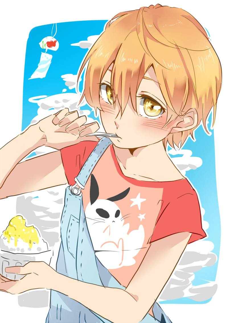 1girl animal_print blue_overalls blush border closed_mouth clouds collarbone commentary_request day eating food hair_between_eyes highres hoshizora_rin kashikaze looking_at_viewer love_live! love_live!_school_idol_project orange_hair outline outside_border overalls rabbit_print red_shirt shaved_ice shirt short_hair short_sleeves sky solo t-shirt upper_body utensil_in_mouth white_border white_outline wind_chime yellow_eyes