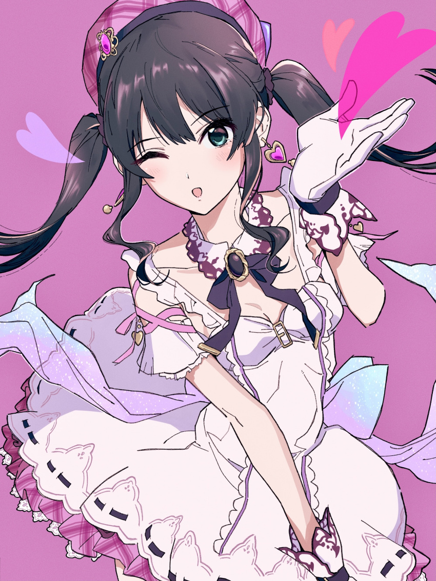 1girl absurdres beret bloom_into_me15 detached_collar dress earrings gloves green_eyes hat heart heart_earrings highres idol idolmaster idolmaster_cinderella_girls jewelry long_hair looking_at_viewer one_eye_closed open_mouth pink_background shibuya_rin simple_background smile solo twintails white_gloves
