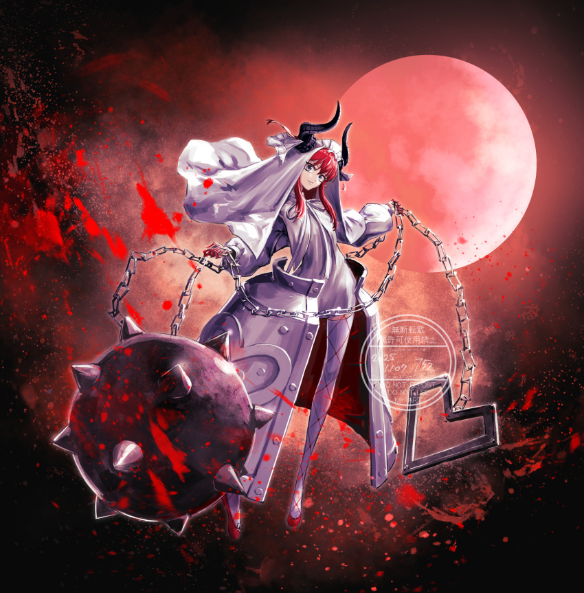 152_in_can 1girl blue_eyes chain curled_horns dragon_girl dragon_horns dress elizabeth_bathory_(avenger)_(fate) fate/grand_order fate_(series) fishnets fishnets_over_socks highres horns long_hair mace red_hair solo spiked_mace spikes thighhighs_under_pantyhose two_side_up veil weapon white_dress white_headdress white_veil