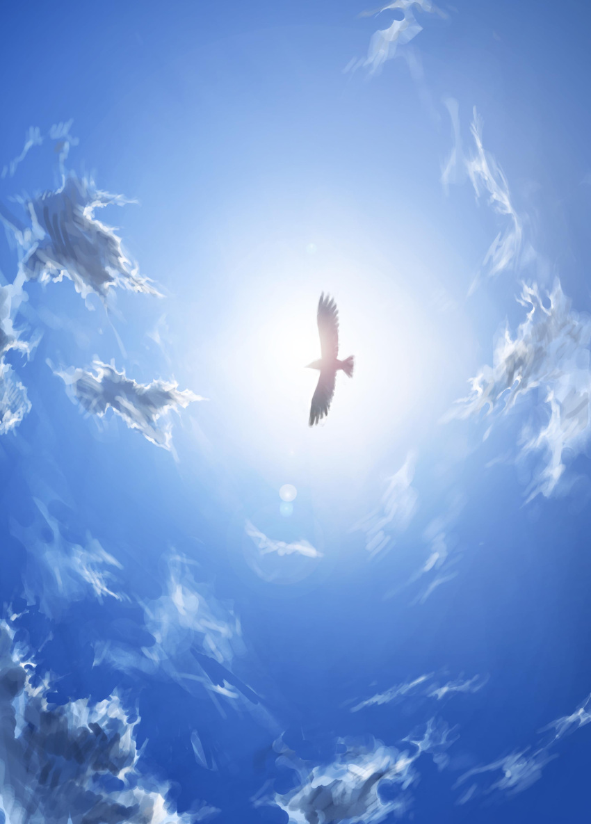 absurdres bird blue_sky chiruchiru flying from_below hawk highres no_humans perspective scenery shingeki_no_kyojin sky sun sunlight symbolism