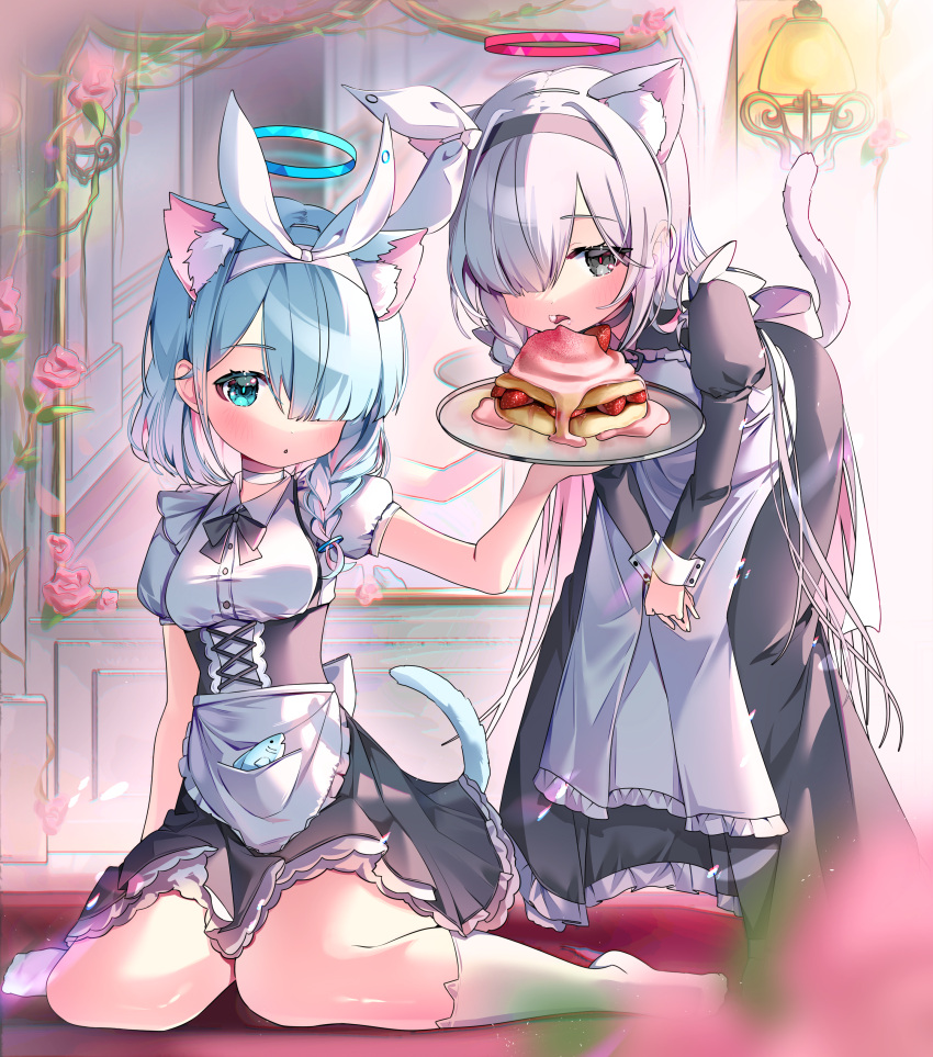 2girls absurdres animal_ears apron arona_(blue_archive) black_dress black_hairband blue_archive blue_eyes blue_hair blue_halo blush breasts cat_ears cat_tail colored_inner_hair dress flat_chest flower food fruit grey_eyes grey_hair hair_over_one_eye hairband halo highres holding holding_tray indoors long_hair long_sleeves medium_breasts mirror multicolored_hair multiple_girls nyaruin pink_flower pink_hair plana_(blue_archive) puffy_short_sleeves puffy_sleeves red_halo short_hair short_sleeves socks strawberry tail tray waist_apron white_apron white_socks