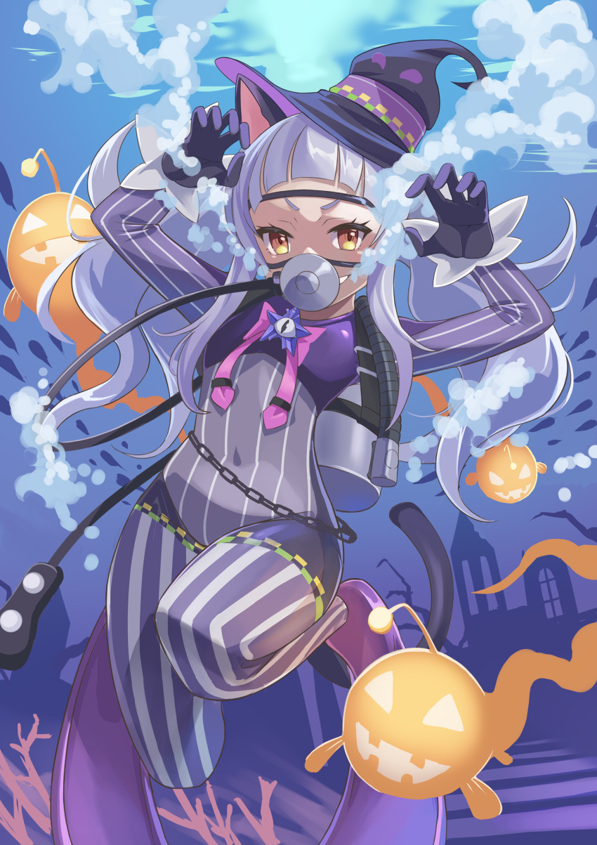 1girl animal_ears blunt_bangs bow bowtie cat_ears cat_tail chain claw_pose commentary commission diving_suit doyagao full_body gloves grey_hair grin hat highres hololive long_hair looking_at_viewer murasaki_shion nikulas_cage orange_eyes pink_bow pink_bowtie pixiv_commission purple_gloves scuba_tank smile smug solo striped tail underwater vertical_stripes virtual_youtuber witch_hat