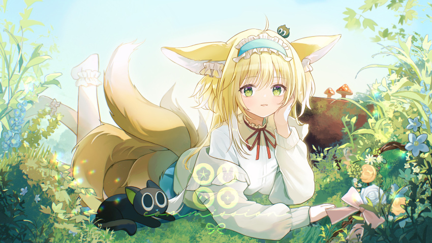 1girl absurdres akonblank animal_ears ankle_socks arknights black_cat blonde_hair blue_hairband blue_skirt bobby_socks cardigan cat chinese_commentary colored_tips commentary_request creature_on_head crossover feet_up flower fox_ears fox_girl fox_tail frilled_hairband frills green_eyes hair_ornament hairband heixiu highres kitsune kyuubi long_hair long_sleeves looking_at_viewer luo_xiaohei luo_xiaohei_zhanji lying multicolored_hair multiple_tails mushroom neck_ribbon no_shoes official_alternate_costume on_ground on_stomach open_cardigan open_clothes outdoors parted_lips partial_commentary puffy_long_sleeves puffy_sleeves red_ribbon ribbon shirt skirt socks suzuran_(arknights) suzuran_(spring_praise)_(arknights) tail two-tone_hair white_cardigan white_hair white_shirt white_socks